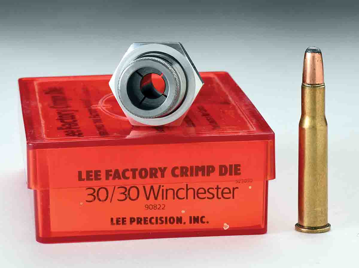 Lee Precision makes a Factory Crimp Die that utilizes a collet for crimping much like a bullet puller collet. The case at right has been crimped with the Lee Factory Crimp Die.